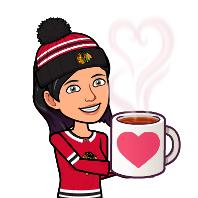 A cartoon illustration of Tia Nelis wearing a Chicago Blackhawks hockey jersey and offering the viewer a steaming cup of coffee