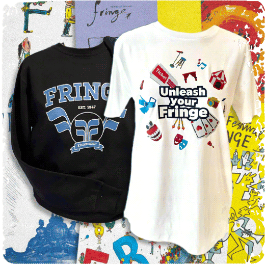 A Fringe jumper and t-shirt against a backdrop of previous Fringe programme covers.