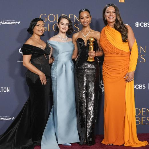 Adriana Paz, from left, Selena Gomez, Zoe Saldana, winner of the award for best performance by a female actor in a supporting role in any motion picture for "Emilia Perez," and Karla Sofia Gascon pose in the press room during the 82nd Golden Globes on Sunday, Jan. 5, 2025, at the Beverly Hilton in Beverly Hills, Calif. (AP Photo/Chris Pizzello)
Adriana Paz,Selena Gomez,Zoe Saldana,Karla Sofia Gascon