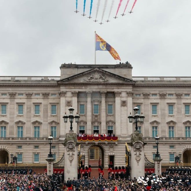 The front façade of Buckingham Palace on Coronation Day 2023