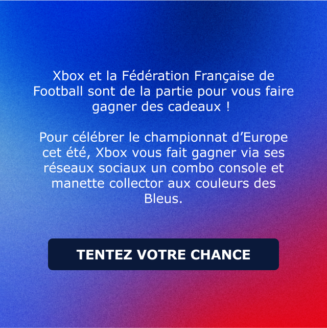 Xbox et la Fédération Française de Football sont de la partie pour vous faire gagner des cadeaux ! Pour célébrer le championnat d’Europe cet été, Xbox vous fait gagner via ses réseaux sociaux un combo console et manette collector aux couleurs des Bleus. Tentez votre chance