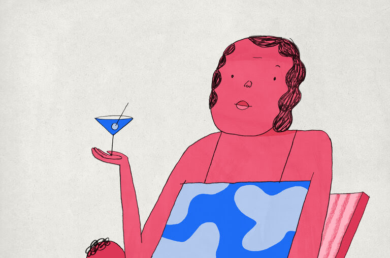 A red and blue illustration of a woman sitting in a folding chair, wearing a patterned dress and drinking a martini. A befuddled man looks at her from her left side.