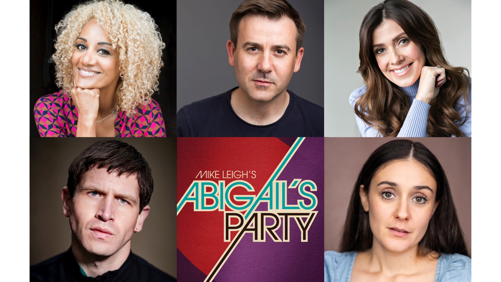 Abigails Party cast announcement featuring headshots of Tupele Dorgu, Graeme Hawley, Kym Marsh, Kyle Rowe, and Yasmin Taheri