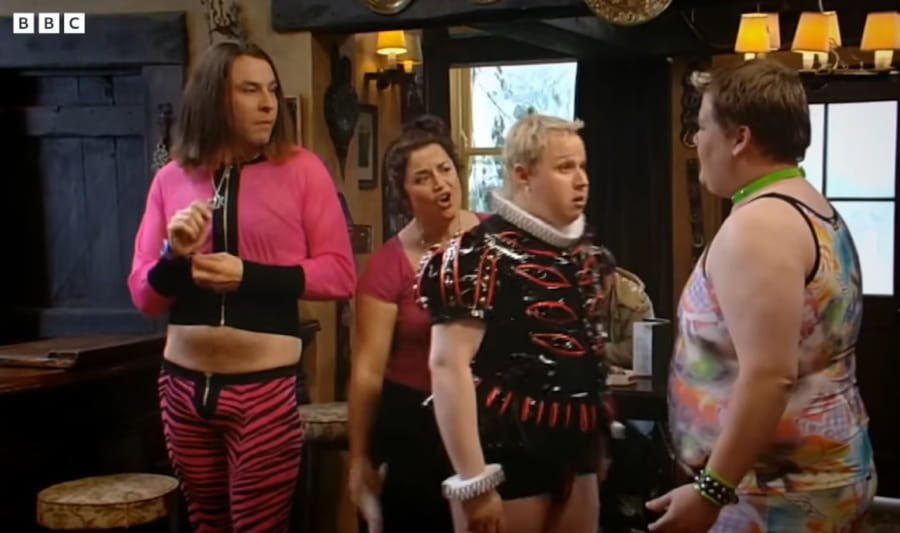 An image of a pub scene from an episode of Little Britain, featuring surprise cameo appearances by characters from the TV show Gavin and Stacey