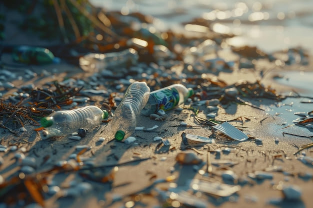 Discarded plastic bottles litter a beach symbolizing the environmental issue of marine pollution