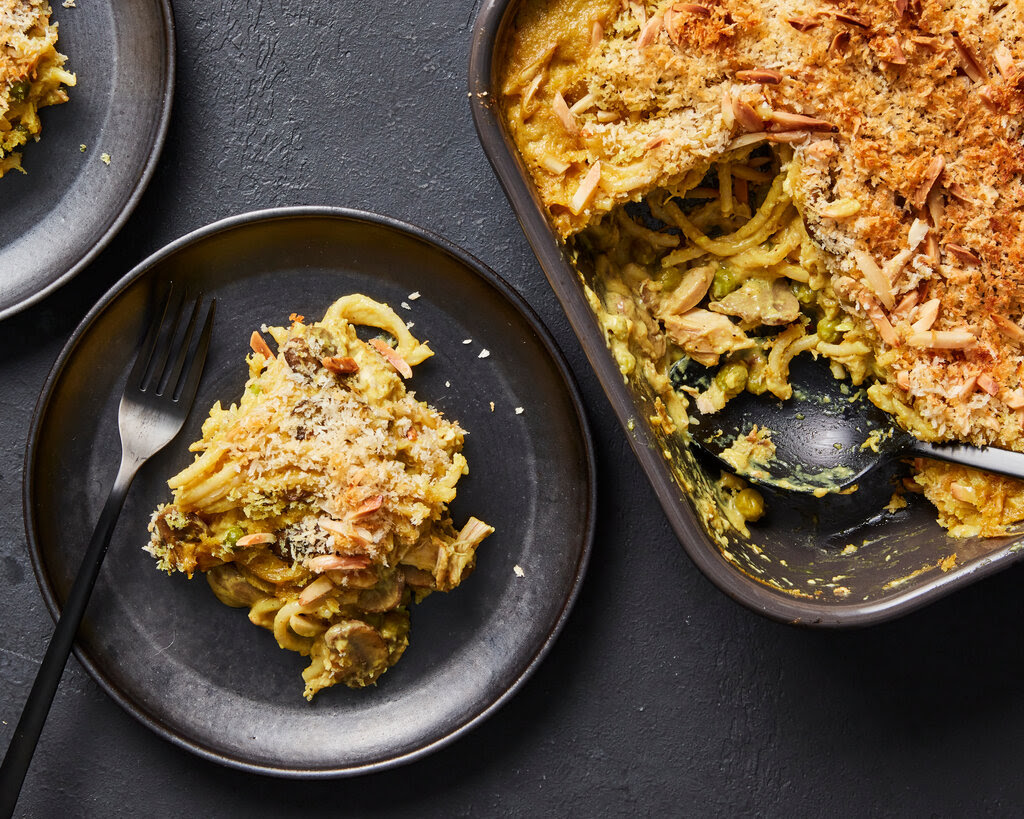 An overhead shot of a turkey and pasta dish.