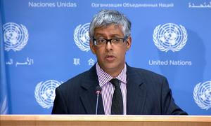 El portavoz adjunto de la ONU, Farhan Haq, ante la prensa en Nueva York.