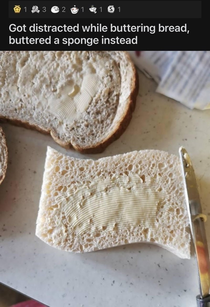 1 1 Got distracted while buttering bread buttered a sponge instead