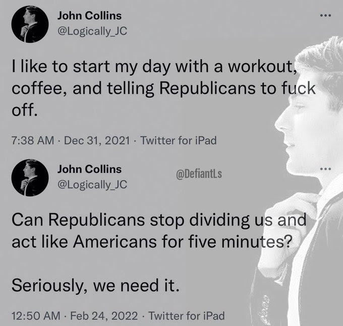 Hypocrite John Collins. Uses divisive language then complains about Republicans being divisive.