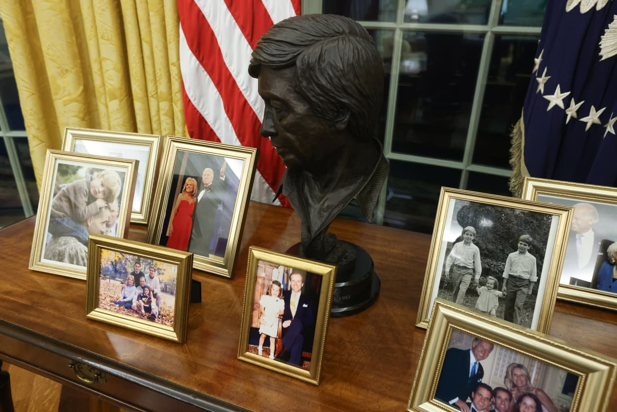 In 2021, a bust of labor leader Cesar Chavez was on a desk with photos of President Joe Biden and family members.