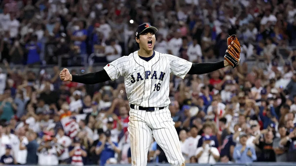 Shohei Ohtani of Japan reacts after winning the World Baseball Classic final match against the United States at LoanDepot Park in Miami, Florida, March 21, 2023. Credit: Shuhei Yokoyama/The Yomiuri Shimbun via Reuters Connect.