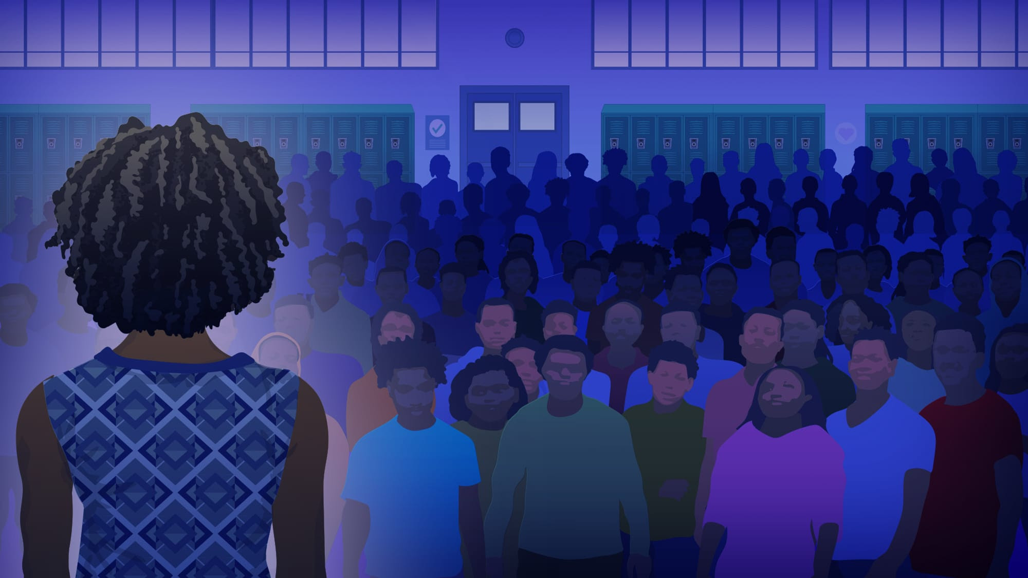 An illustration of a spotlit Black woman standing in front of a crowd of students, faculty, and staff in a gymnasium.