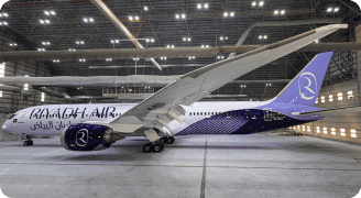 Close-up of the elegant details on the Riyadh Air Dreamliner, showcasing its pearl inspired livery.