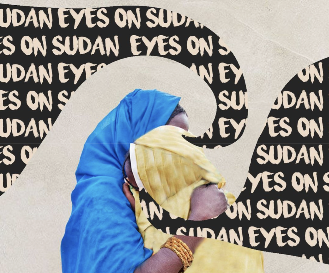 Collage of two sudanese women hugging, over background that says All eyes on sudan