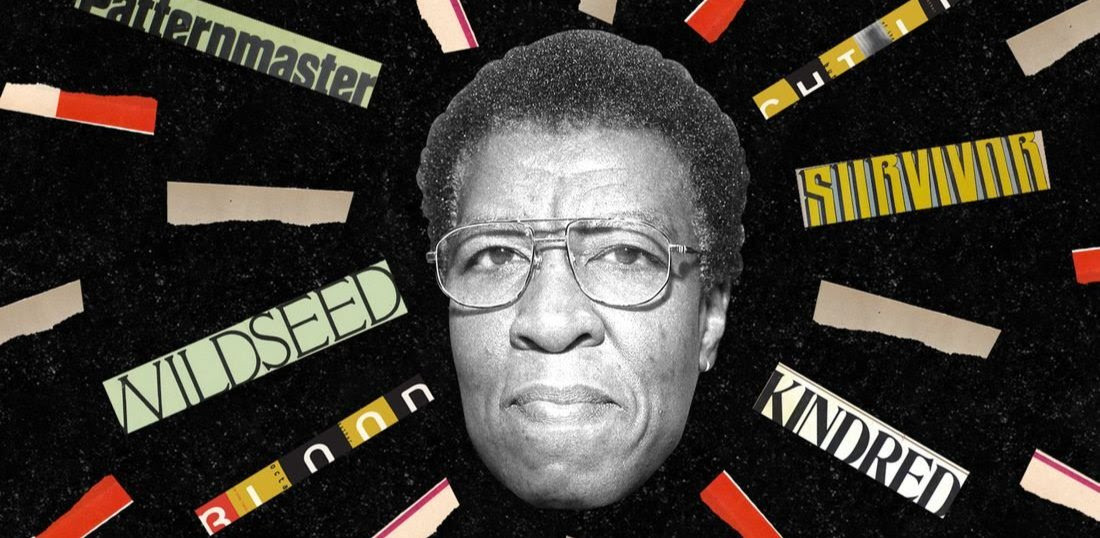 Collage of Octavia Butler and titles of her works Patternmaster, Wildseed, Bloodchild and Kindred