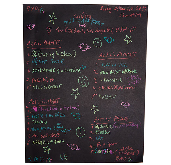 Coldplay frontman Chris Martin’s handwritten colorful set list