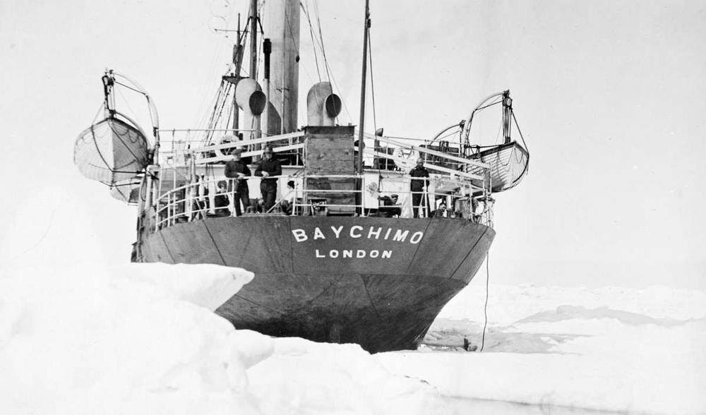 An aft view of the ship trapped in ice.