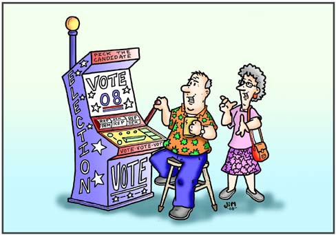 Cartoon depicting voting machine as a slot machine.\