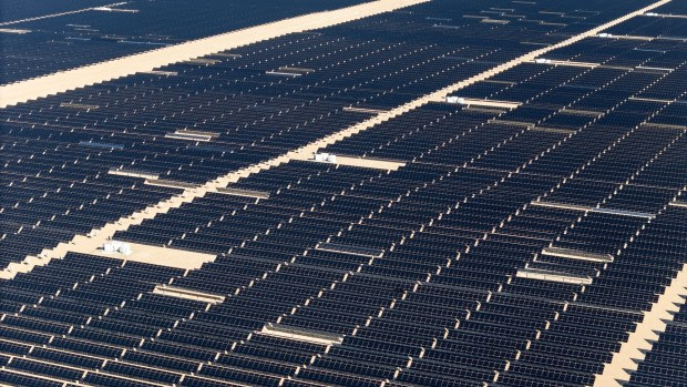 This aerial picture taken on Dec. 6, 2023 show a solar farm in Imperial, California. (Photo by VALERIE MACON/AFP via Getty Images)