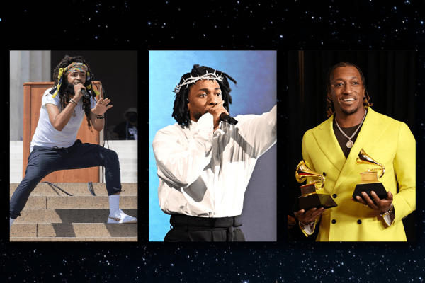 Composite graphic of separate images: Dee-1 and Kendrick Lamar perform holding microphones and Lecrae wears yellow suit and hold two Grammy awards. 