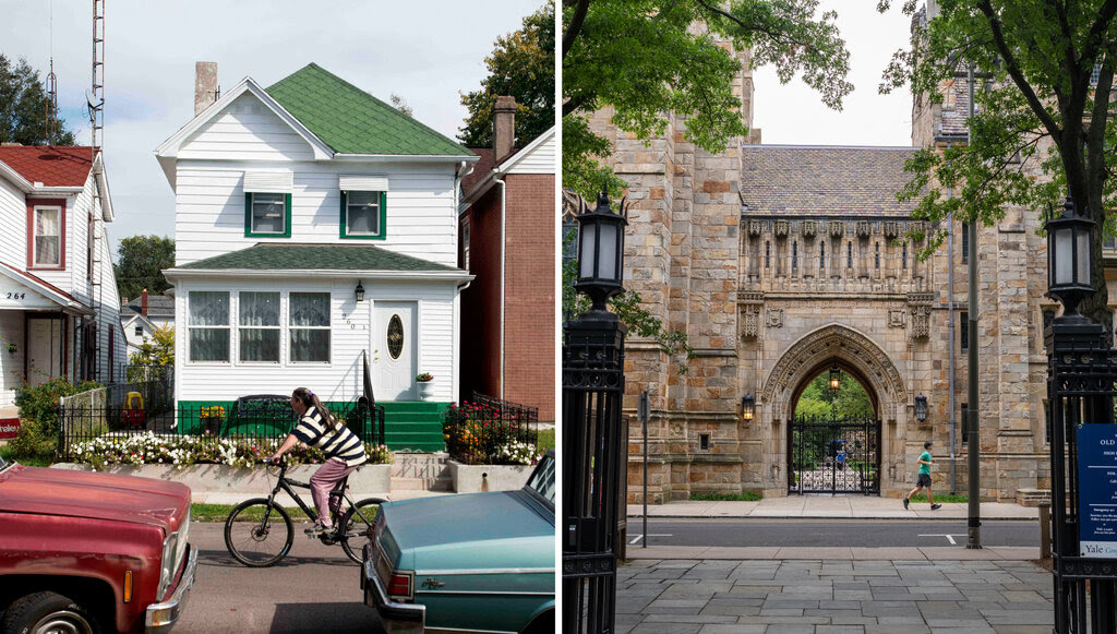 Side-by-side pictures of a white house with a person cycling past and the front archway of an old stone building.