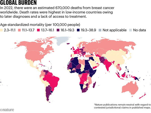 GLOBAL BURDEN. Map shows age-standardized mortality rates for breast cancer worldwide.