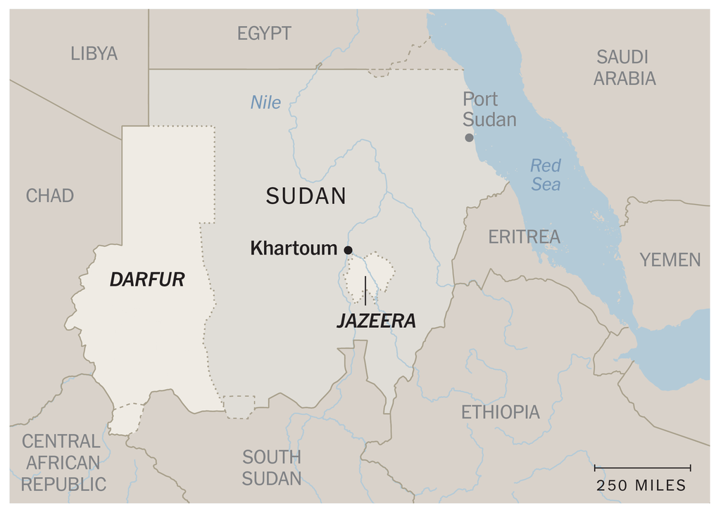 O mapa mostra o Sudão e destaca a região de Darfur e Jazeera.