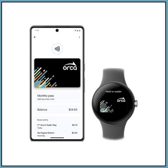 Mobile phone on left and digital watch on right with ORCA card on both screens