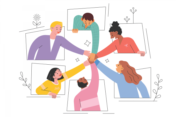 Six illustrated people join hands