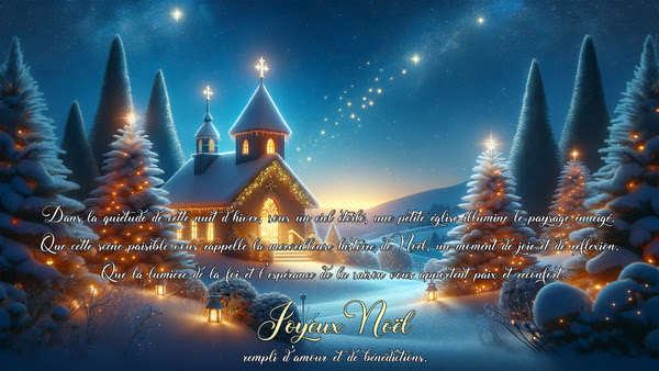  Dans la quiétude de cette nuit d'hiver, sous un ciel étoilé, une petite église illumine le paysage enneigé. Que cette scène paisible vous rappelle la merveilleuse histoire de Noël, un moment de joie et de réflexion. Que la lumière de la foi et l'espérance de la saison vous apportent paix et réconfort. Joyeux Noël rempli d'amour et de bénédictions.