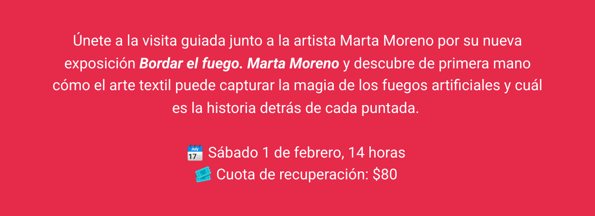 Únete a la visita guiada junto a la artista Marta Moreno por su nueva exposición Bordar el fuego. Marta Moreno y descubre de primera mano cómo el arte textil puede capturar la magia de los fuegos artificiales y cuál es la historia detrás de cada puntada.  🗓️ Sábado 1 de febrero, 14 horas 🎟️ Cuota de recuperación: $80 