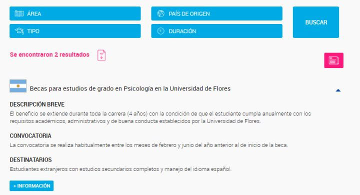 Ejemplo de búsqueda de becas en Psicología en Argentina.