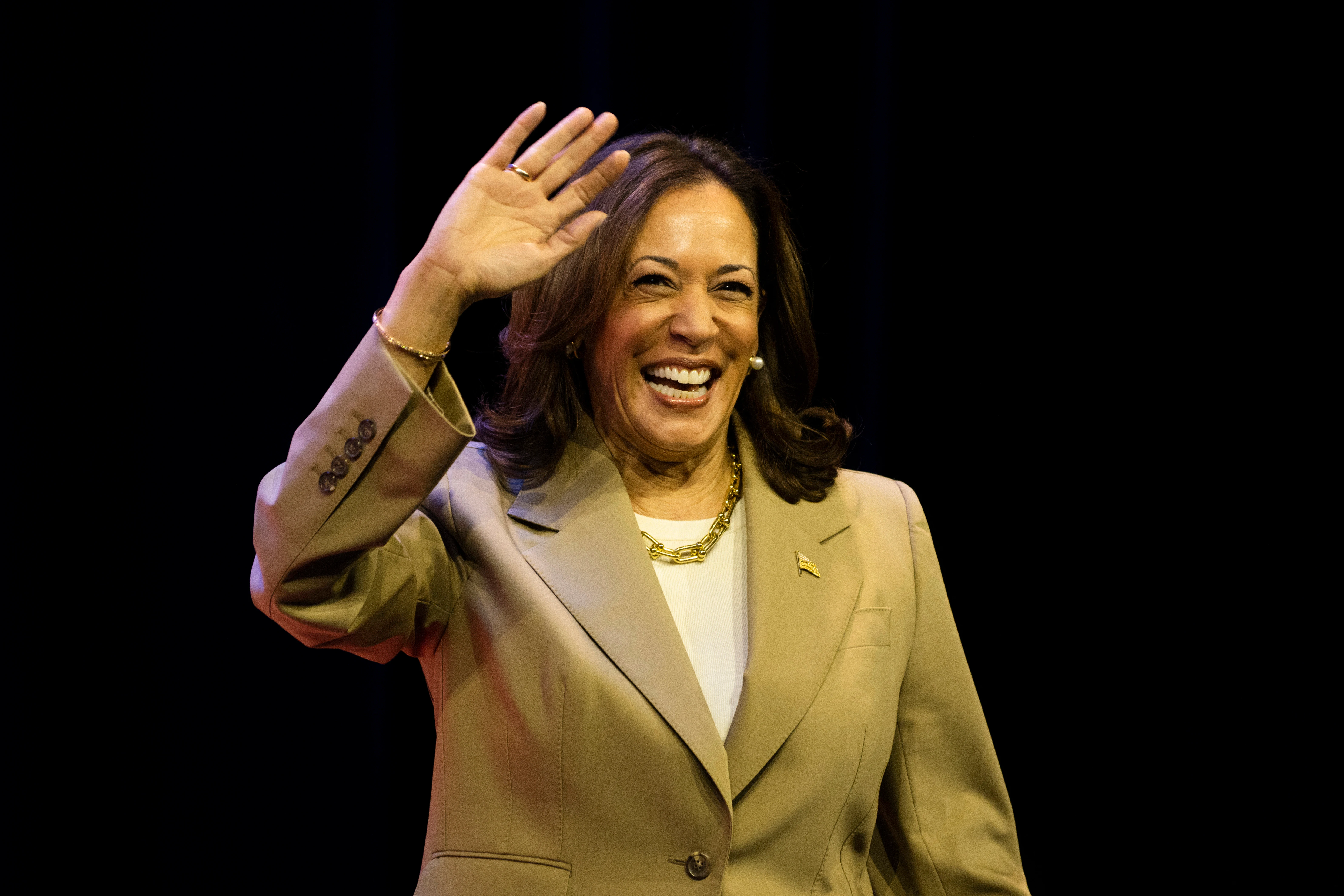 Vice President Kamala Harris arrives for an Asian and Pacific Islander American Vote Town Hall, Saturday, July 13, 2024, in Philadelphia. (AP Photo/Joe Lamberti)