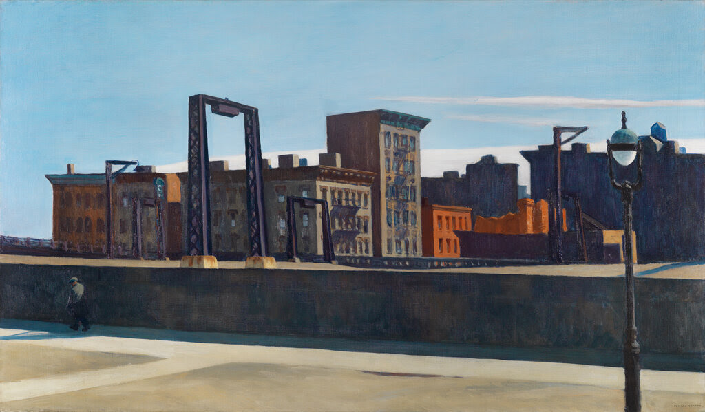 Edward Hopper’s “Manhattan Bridge Loop,” which features an urban scene with brown and orange buildings. 