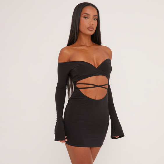 Bardot Strappy Cut Out Front Detail Min Bodycon Dress In Black Slinky