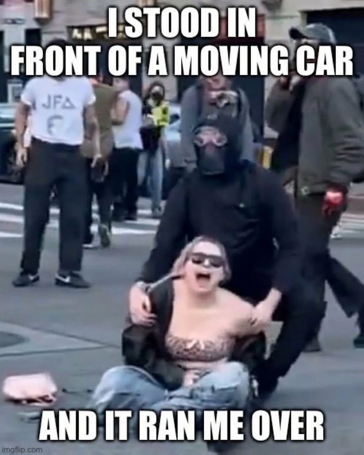 Meme mocking woman hit by car.