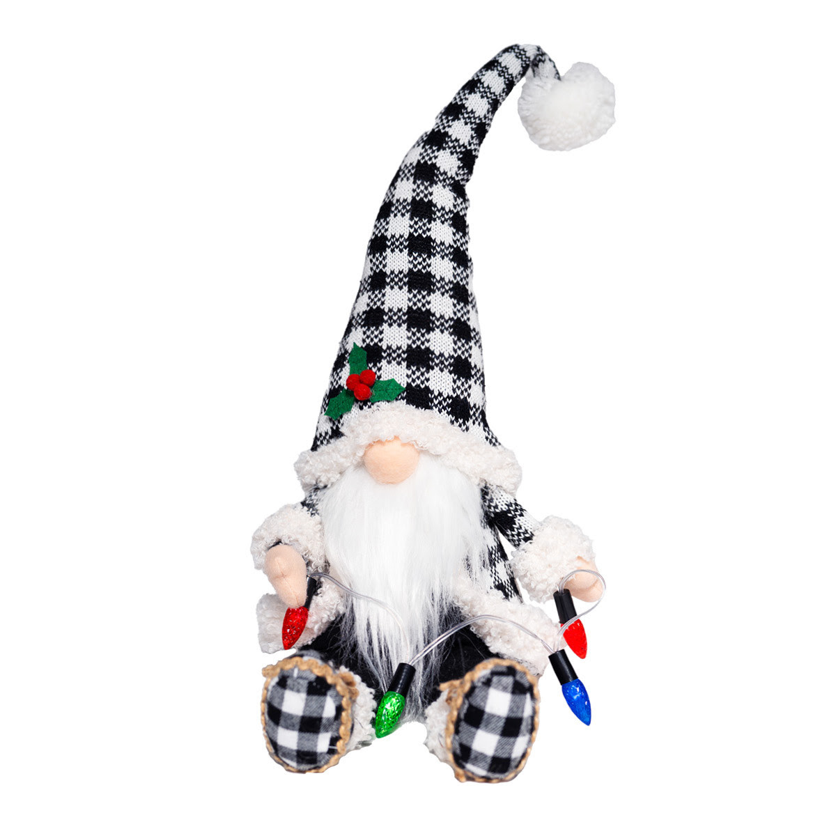 Image of Black & White Check Sitting Gnome With LED Lights