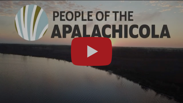 "People of the Apalachicola" project logo with aerial view of Apalachicola Bay as the background.