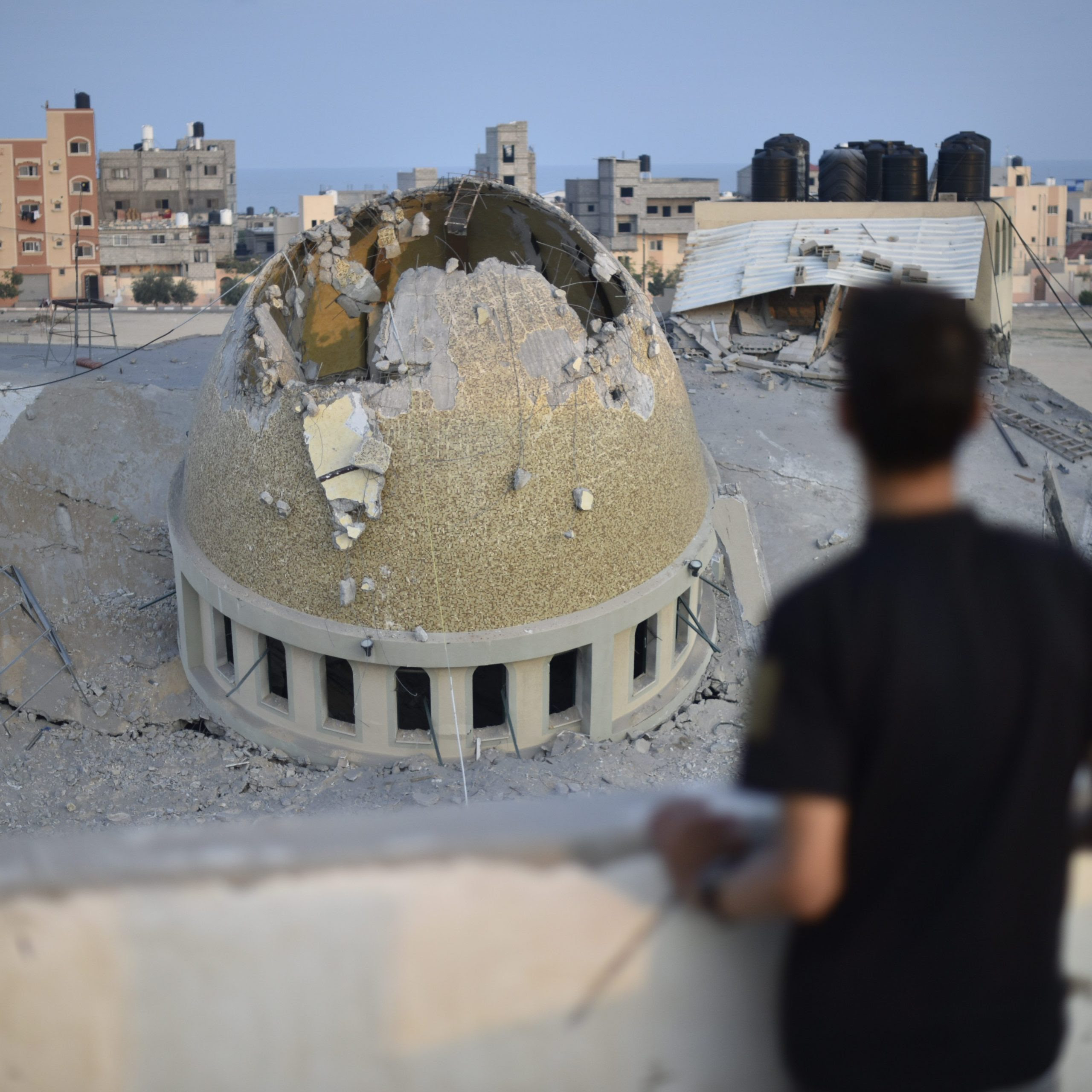 A view of destroyed Al Amin Muhammad Mosque hit by Israeli airstrike, in Khan Yunis, southern Gaza Strip on October 08, 2023. Photo by Abed Zagout/Anadolu Agency via Getty Images