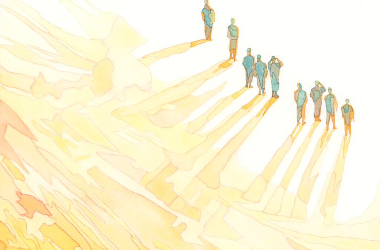 An illustration, rendered in soft yellows and oranges, of a group of spectators facing a bright light that casts long shadows behind them. 