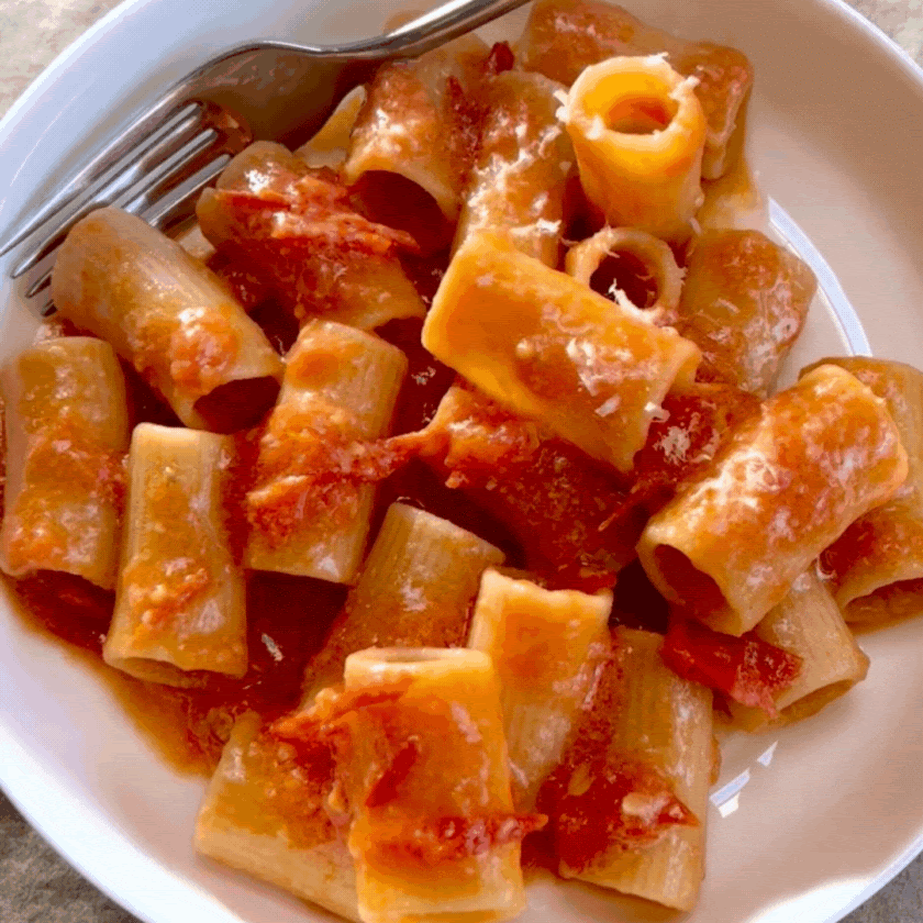 pasta allo scarpariello with piennolo tomatoes pasta faella rigatoni vacche rosse cheese