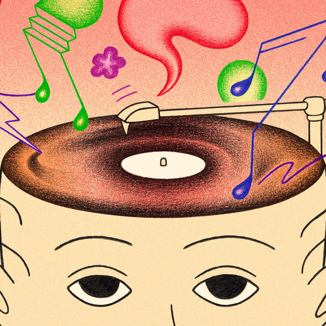 An illustration of a person with a record playing on top of their head. Color shapes and music notes are being emitted from it. 