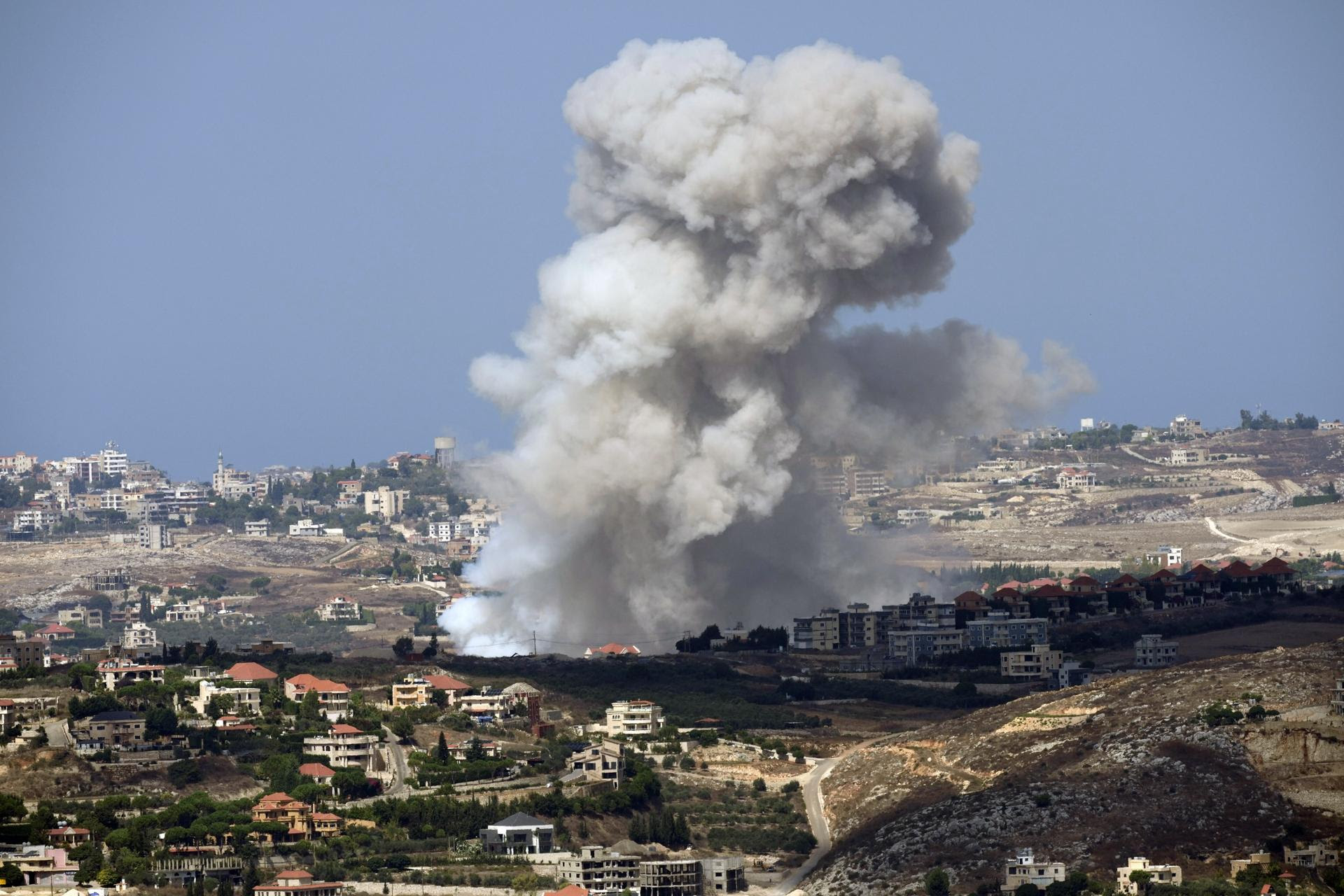 Smoke rises from Israeli shelling on villages in the Nabatiyeh district, seen from the southern town of Marjayoun, Lebanon.