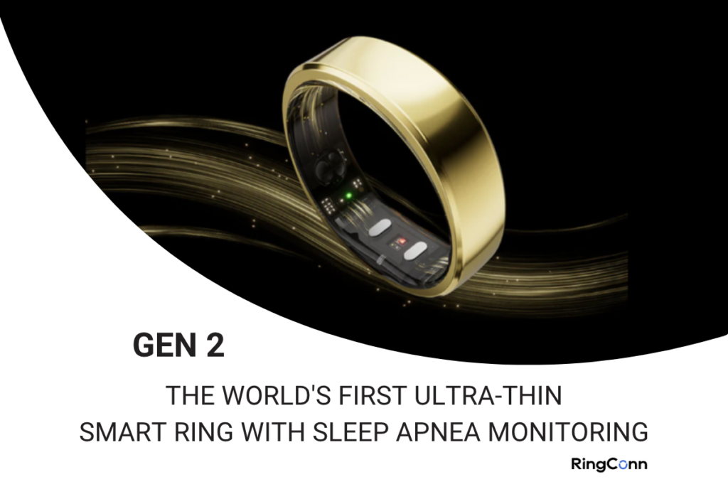 The image highlights the "RingConn" as the world's first ultra-thin smart ring with sleep apnea monitoring.