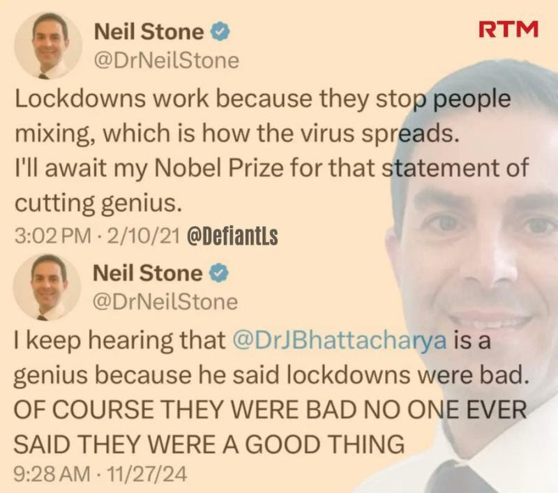 Hypocrite Neil Stone who wants Nobel prize for promoting Covid lockdowns, then says nobody promoted lockdowns.