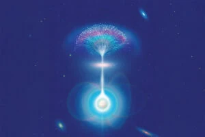 An artist's illustration of a neutron star emitting a radio beam from within its magnetic environment. As the radio waves travel through dense plasma within the galaxy, they split into multiple paths, causing the observed signal to flicker in brightness. Credits:Credit: Daniel Liévano, edited by MIT News