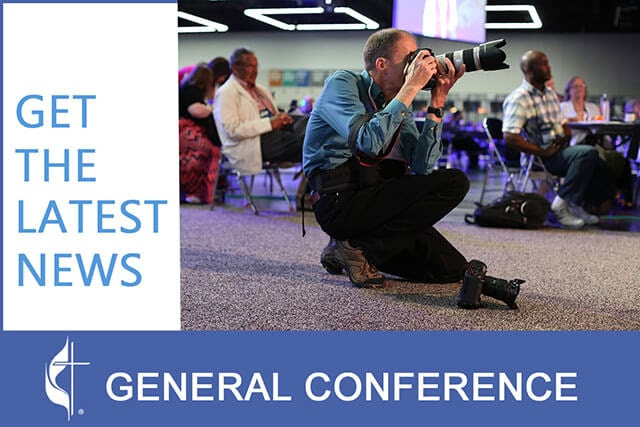 UM News photographer Mike DuBose was photographed at work during GC 2016 in Portland, Ore. Photo by Kathleen Barry; graphic by Laurens Glass, UM News.