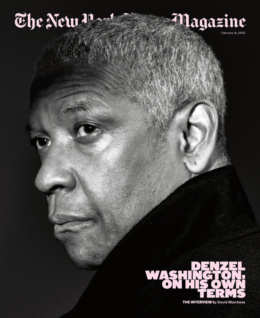 A magazine cover with a black-and-white portrait of Denzel Washington and the cover line “Denzel Washington, on His Own Terms.”