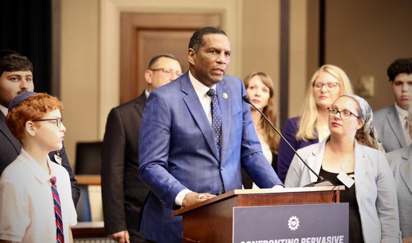 Rep. Burgess Owens, Utah Republican, speaks at a press conference about K-12 antisemitism with Jewish students and parents on May 8, 2024, by Parents Defending Education in Washington, D.C. (Photo courtesy of Parents Defending Education)