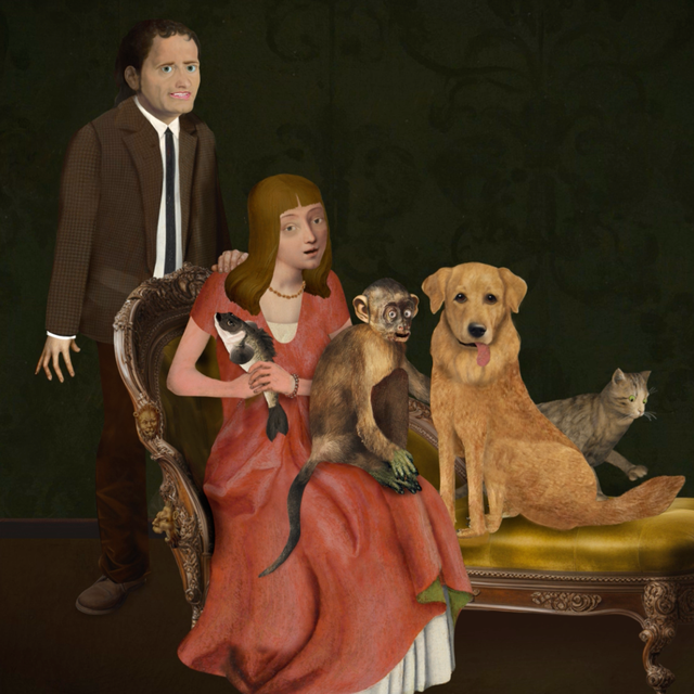 An animated illustration depicting a family posing for a classic portrait. In place of children, the family is seated with a fish, a monkey, a cat and a dog. A small child gesticulating wildly stands to the side.